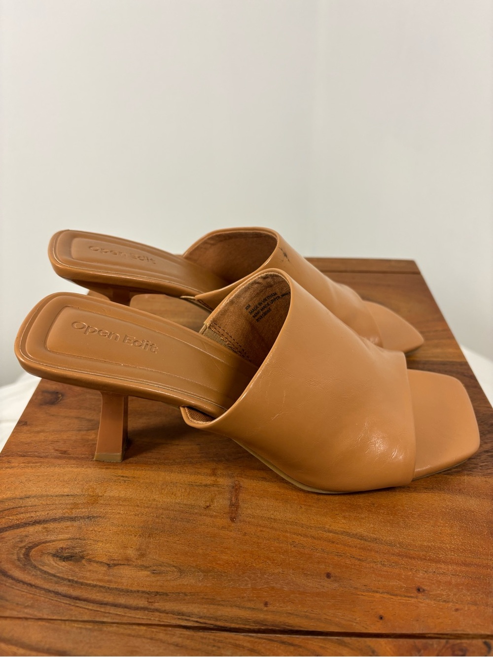 Open Edit Camel Square Toe Kitten Heel Slide Sandals | Size 8
